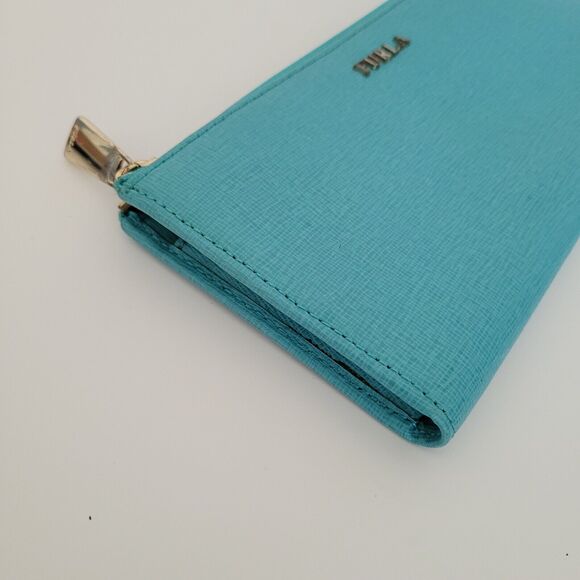 Furla Italian Zip Around Wallet Large Geniue Leather Tiffany Blue Designer Logo - Picture 10 of 10